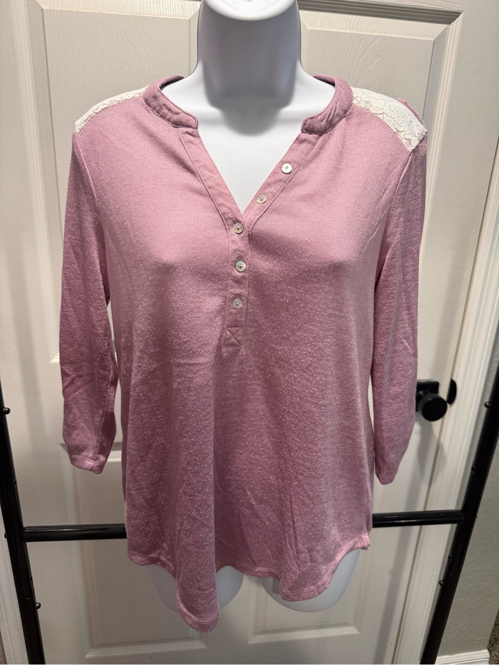 No Boundaries Dusty Pink Lace-Shoulder Henley